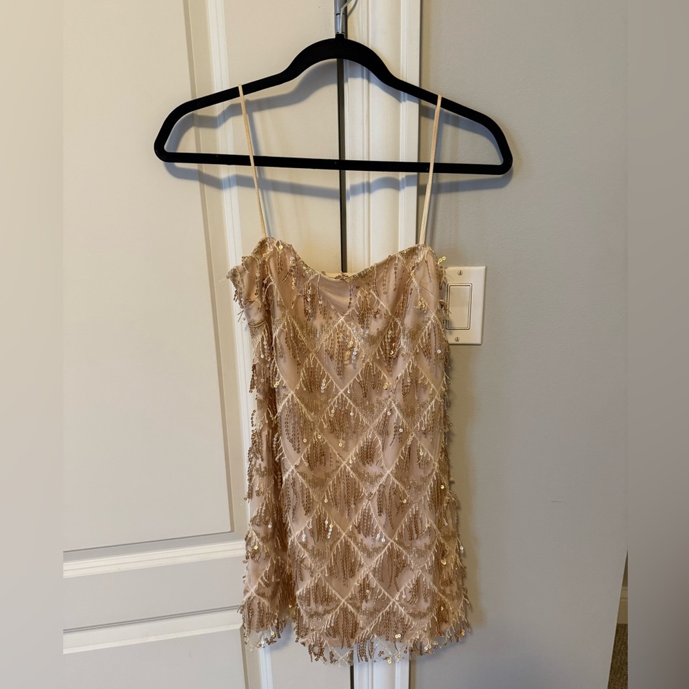 Showpo Cream Sequin Fringe Dress